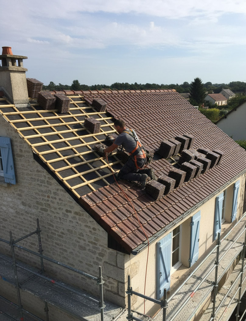Artisan couvreur en plein travail de rénovation de toiture